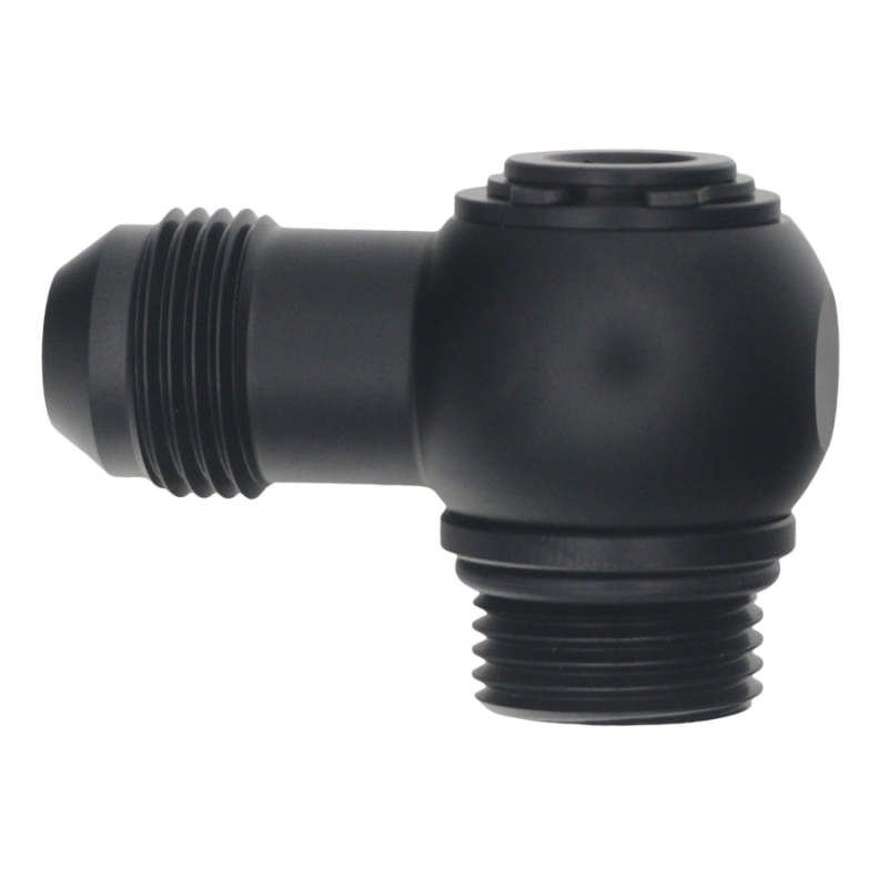 DeatschWerks 8AN ORB Male to 8AN Male Flare Low Profile 90-Degree Swivel – Anodized Matte Black