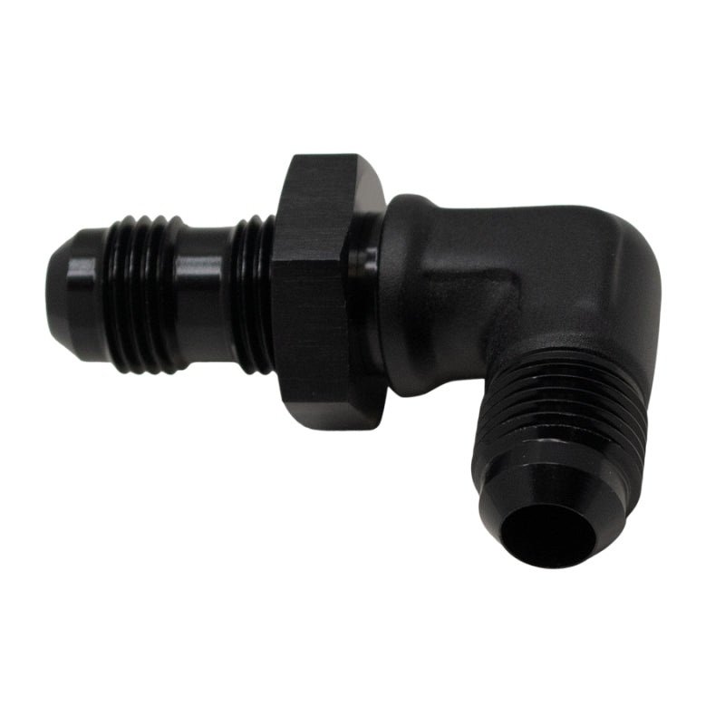 DeatschWerks 6AN Male Flare to 6AN Male Flare Bulkhead Adapter 90-Degree – Anodized Matte Black
