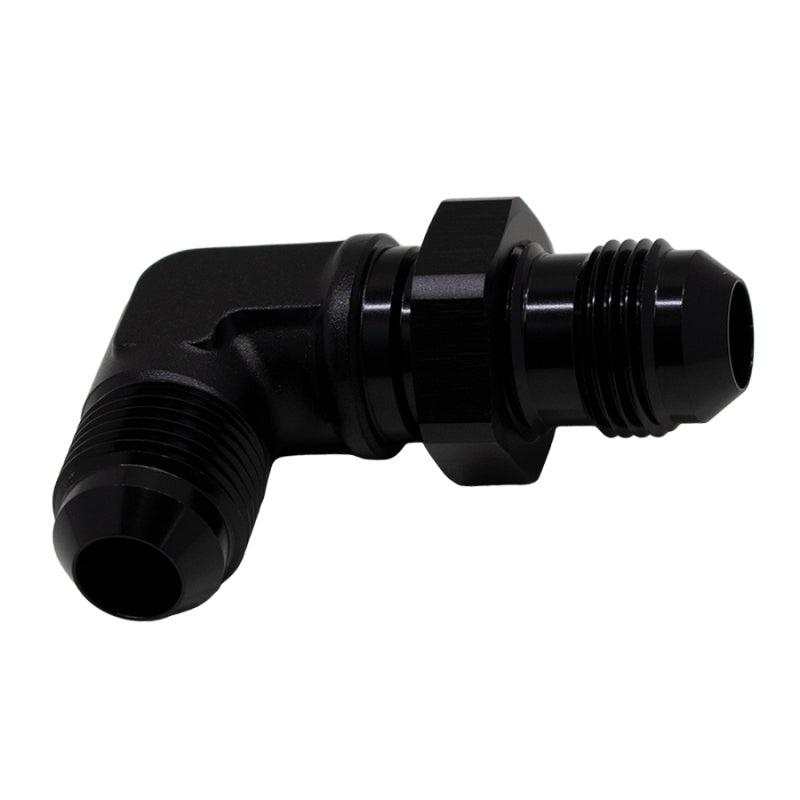 DeatschWerks 8AN Male Flare to 8AN Male Flare Bulkhead Adapter 90-Degree – Anodized Matte Black