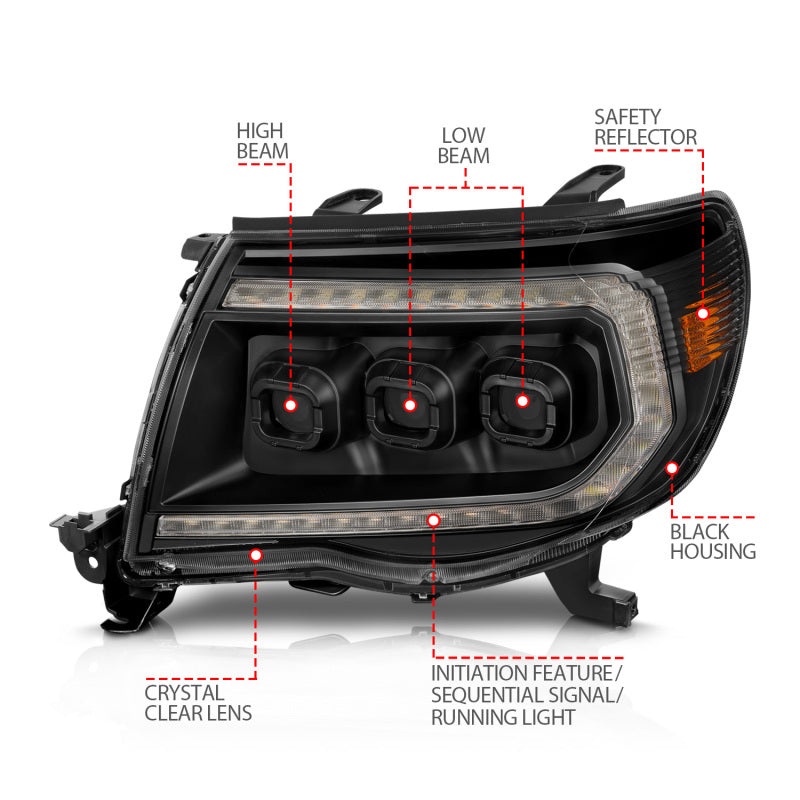 ANZO 05-11 Toyota Tacoma Full LED Proj Headlights White DRL/Init/SeqSig Black – Pair