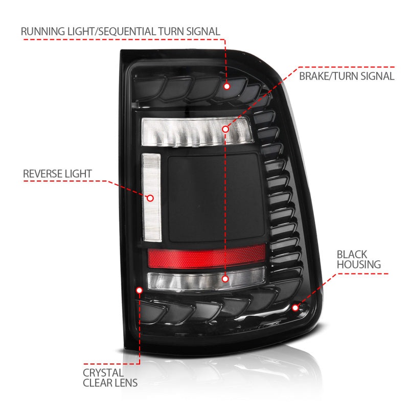 ANZO 19-24 RAM 1500 (Factory LED Models ONLY) Full LED Tail Lights SeqSig Black – Pair